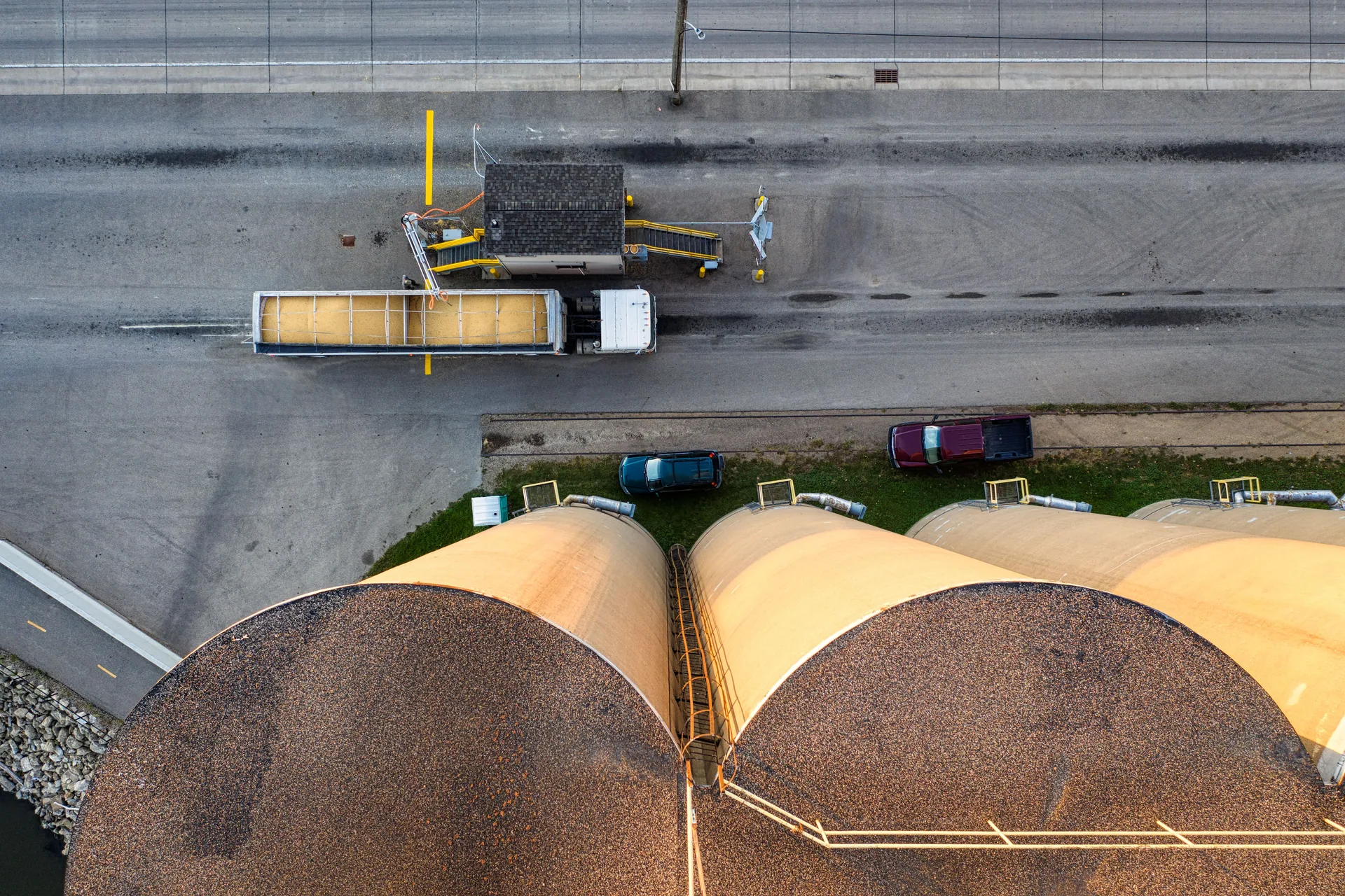 Industrial roadways and silos seen from above